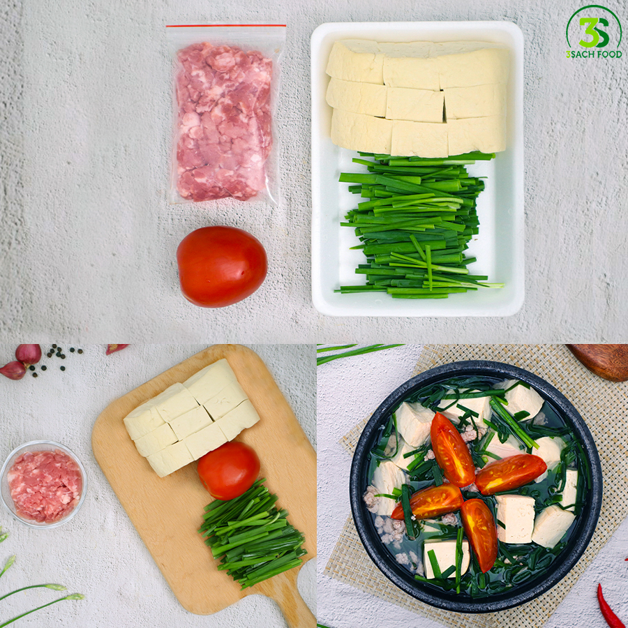 Canh đậu hũ thịt heo nấu hẹ 3S khay 400gr - Nguyên liệu đã được sơ chế
