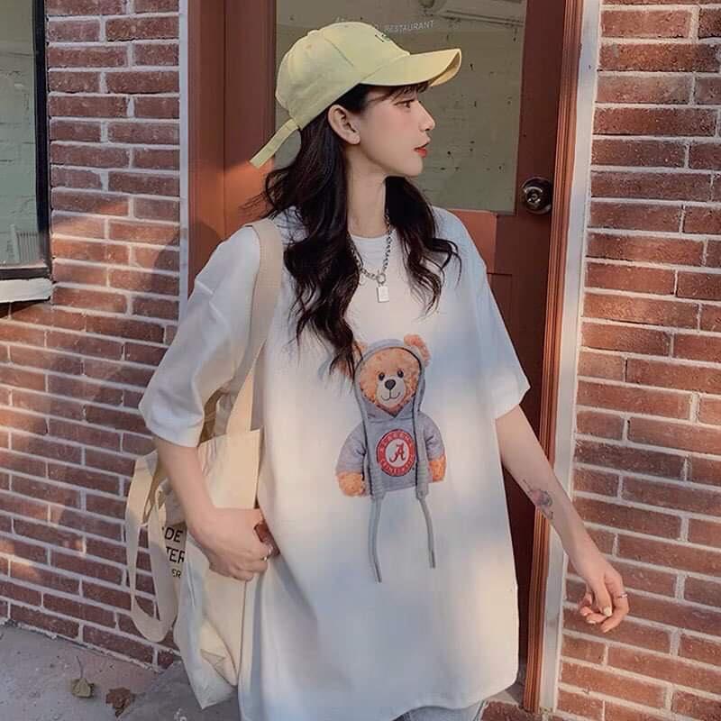 Áo Thun Nữ From Rộng Unisex Hình Gấu Đội Mũ in 5D Nét Căng, Áo Phông Form Rộng Nữ