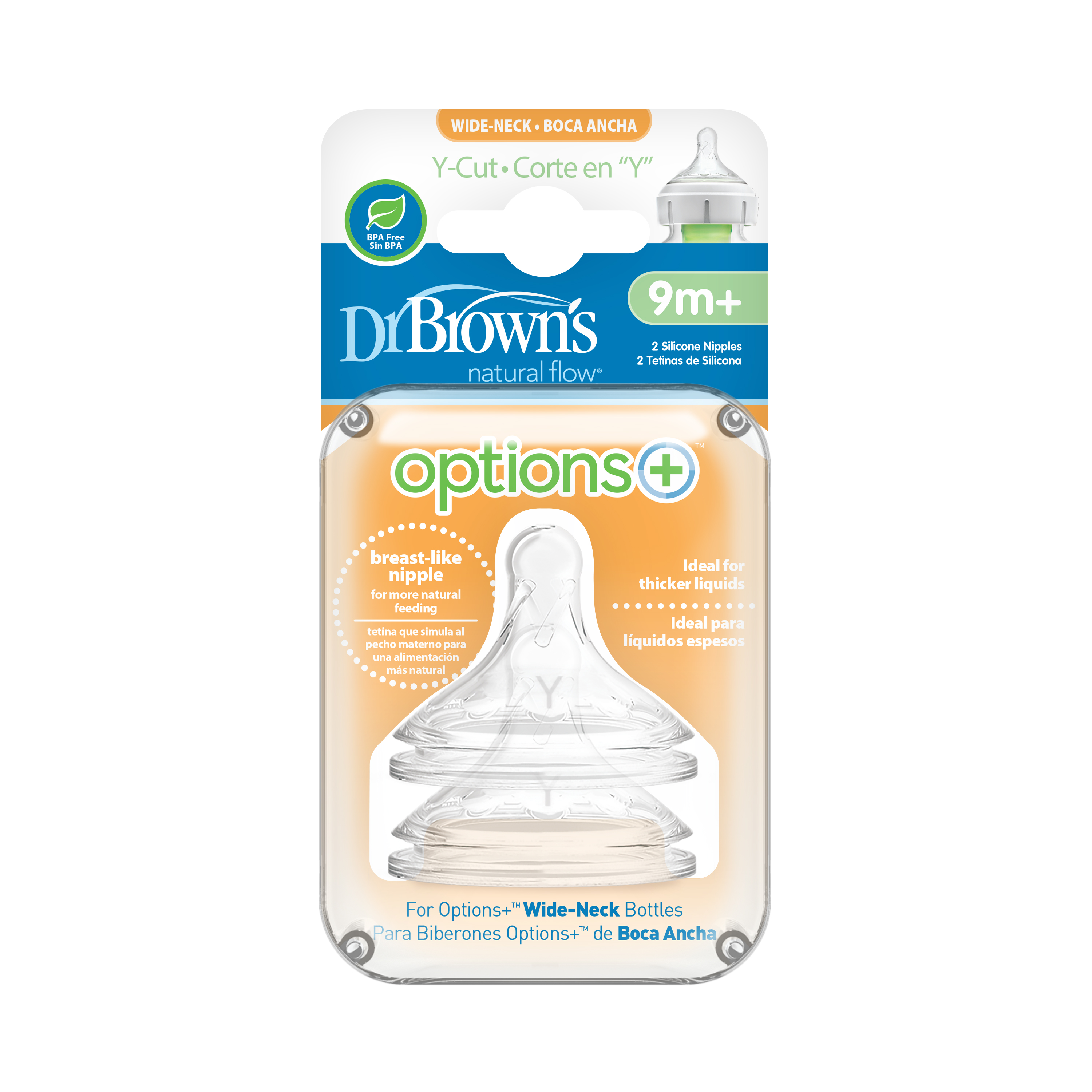 Bộ 2 núm ti Dr.Brown's bình sữa cổ rộng Y-Cut (9 tháng trở lên) dòng Plus