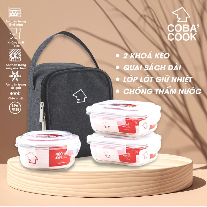 Bộ hộp đựng cơm thủy tinh COBA'COOK 2 hộp chữ nhật 370ml và 1 hộp tròn 400ml + 1 túi giữ nhiệt- CCR4L33BS