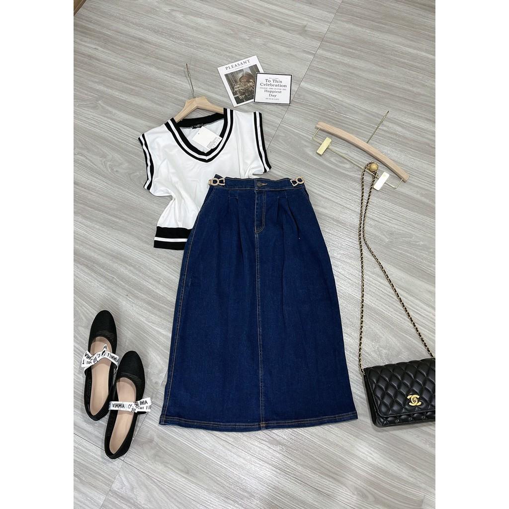 Sét áo ba lỗ phối viền kèm chân váy bò cá tính - áo thun tàu xịn mát Chân váy jean co giãn mềm đẹp - đai khuy xịn xò