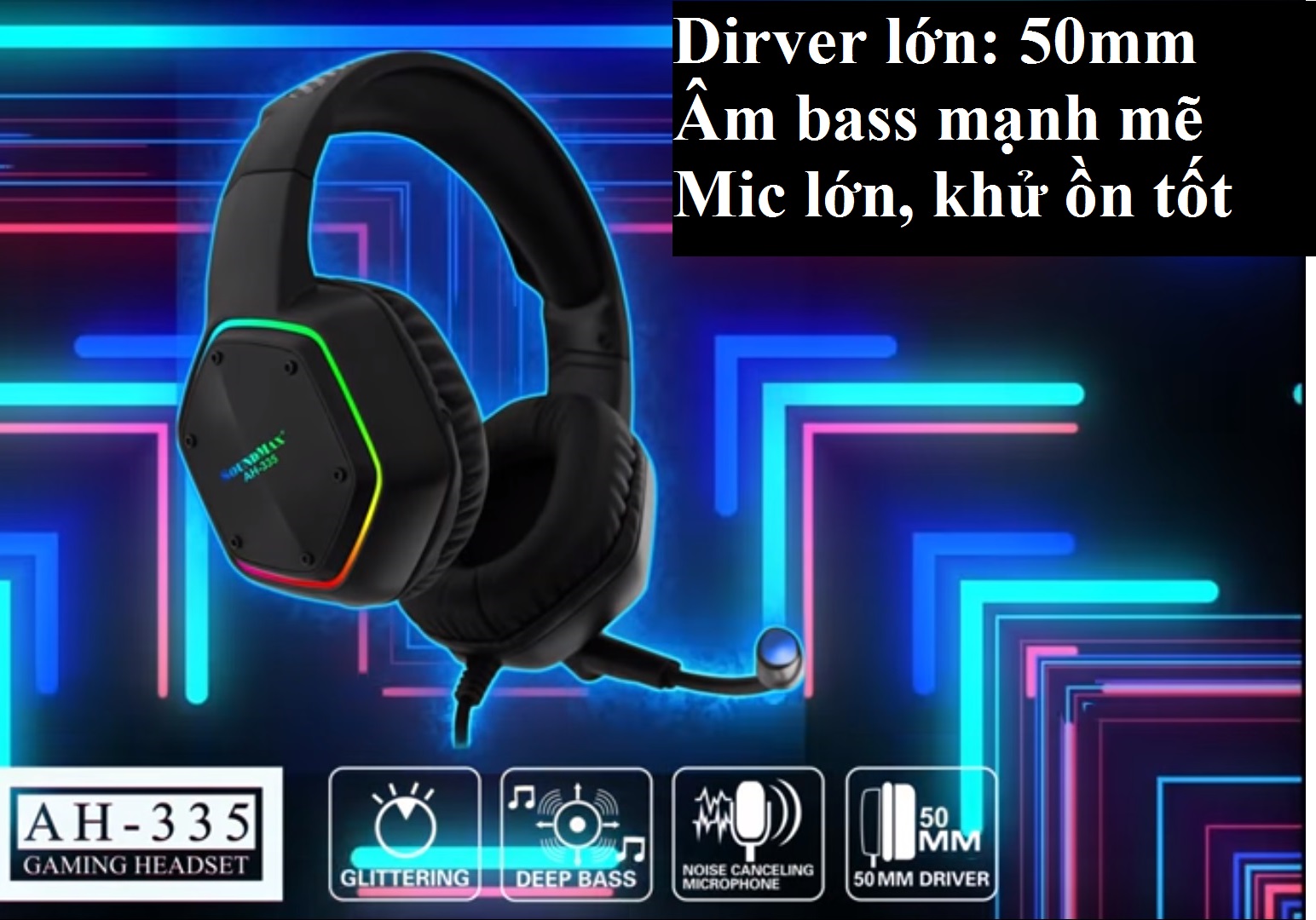 Tai nghe gaming chụp tai 2 chân 3.5mm đèn LED hiện đại SOUNDMAX AH-335 - Hàng chính hãng