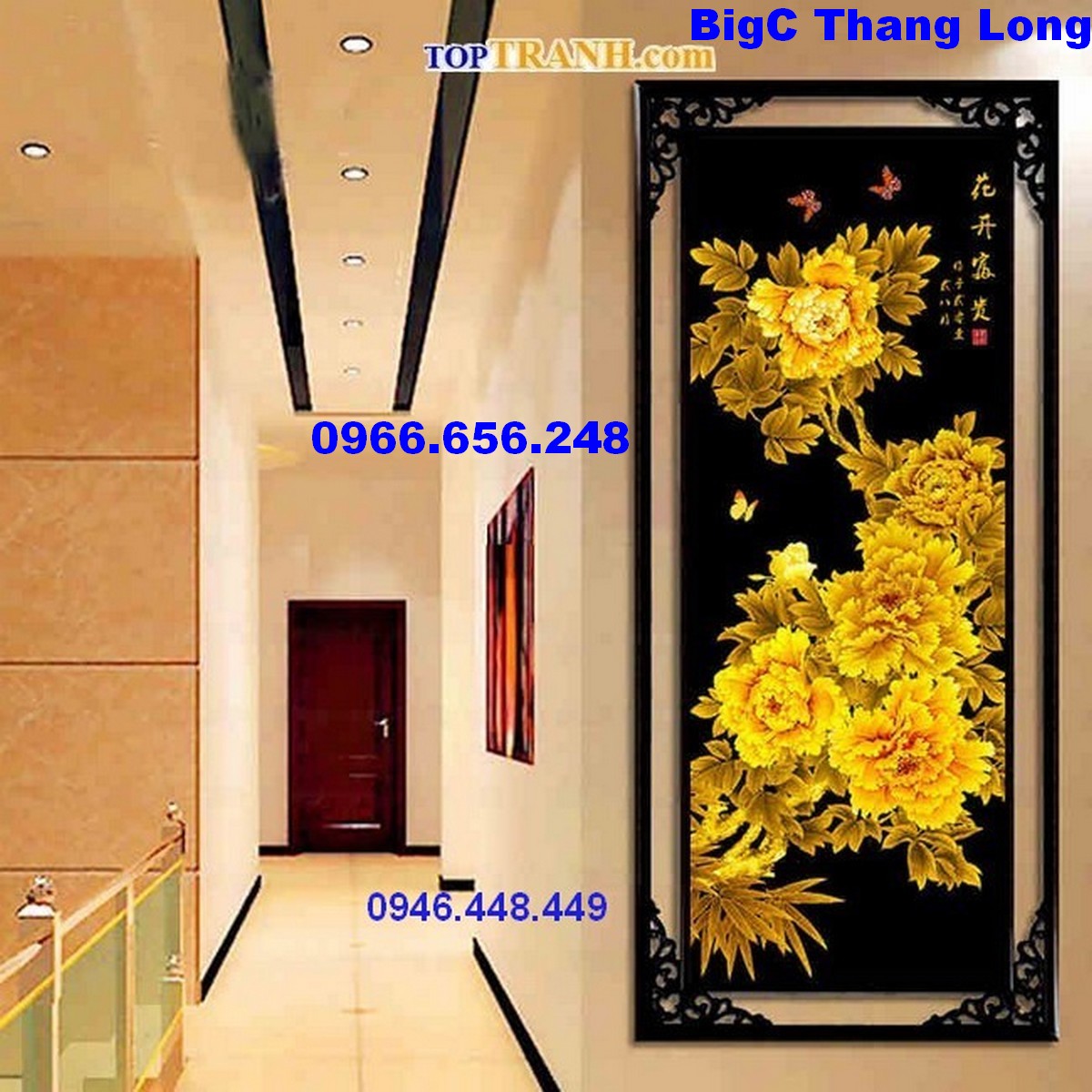 Tranh thêu chữ thập 5 năm bông hoa mẫu đơn vàng phú quý E162 chưa thêu