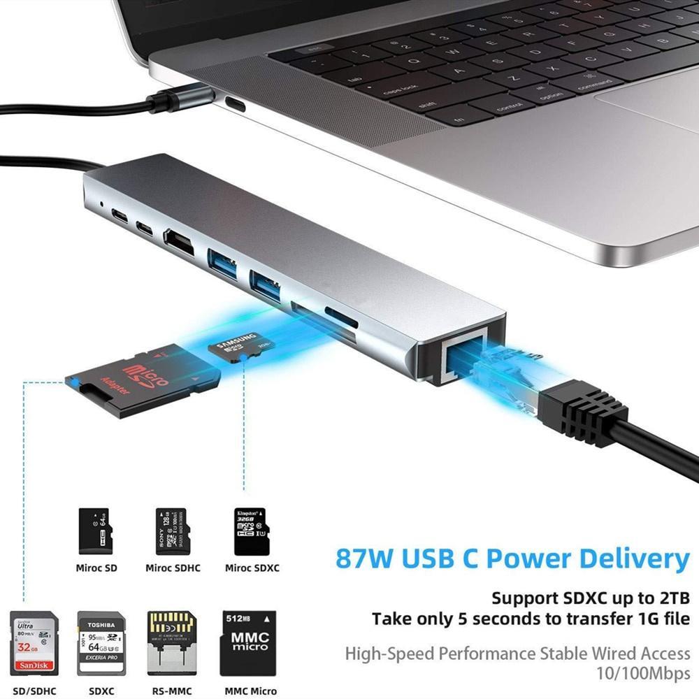 Đầu đọc thẻ nhớ USB C 3.1 sang 4K HDMI RJ45 USB SD/TF tốc độ nhanh 8 trong 1 cho laptop táo Pro