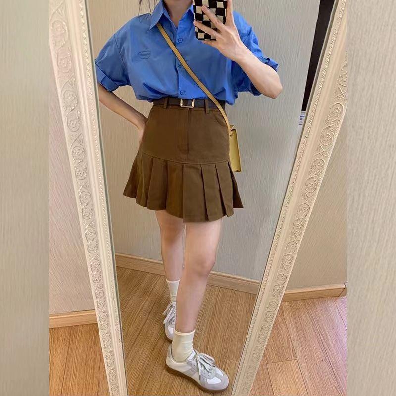CHENGRUI REUP mùa hè phù hợp với phụ nữ 2023 nhỏ ngọt ngào cay cao cấp ngắn tay áo sơ mi top a-word váy nửa người