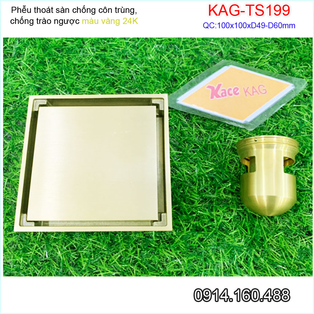 Thoát sàn vàng 24K KAG-TS199 vuông 10x10cm ống D49-60-90, thoát sàn chống hôi phễu thu nước mặt vàng óng ánh thiết kế sang trọng sử dụng tốt
