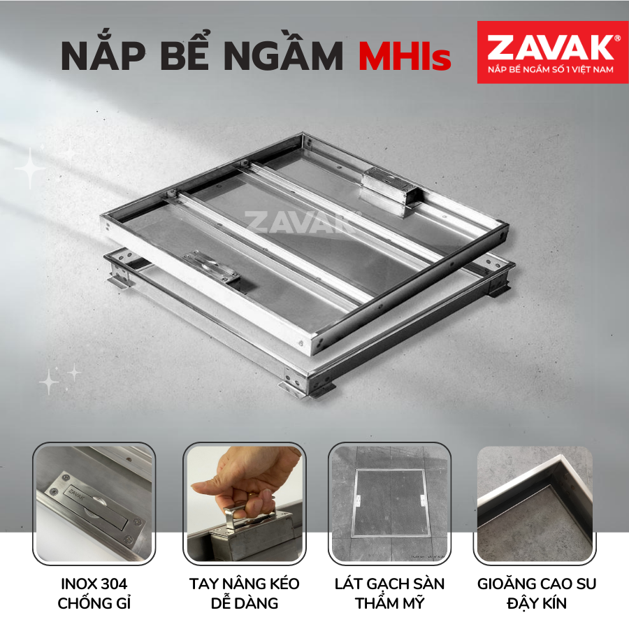 Nắp Bể Ngầm Trong Nhà 45x45cm Inox 304 ZAVAK MHIs-45 Nắp bể nước âm sàn, Nắp hố ga Inox 304