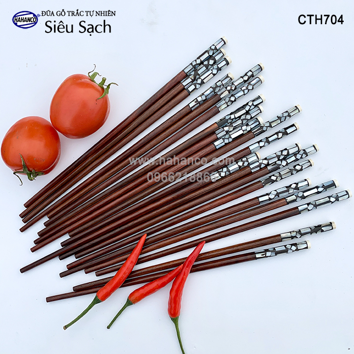 Đũa gỗ Trắc đầu cẩn xà cừ hoa văn thủ công, đẹp mắt (10 đôi) CTH704 - Tặng kèm hộp đẹp làm quà biếu