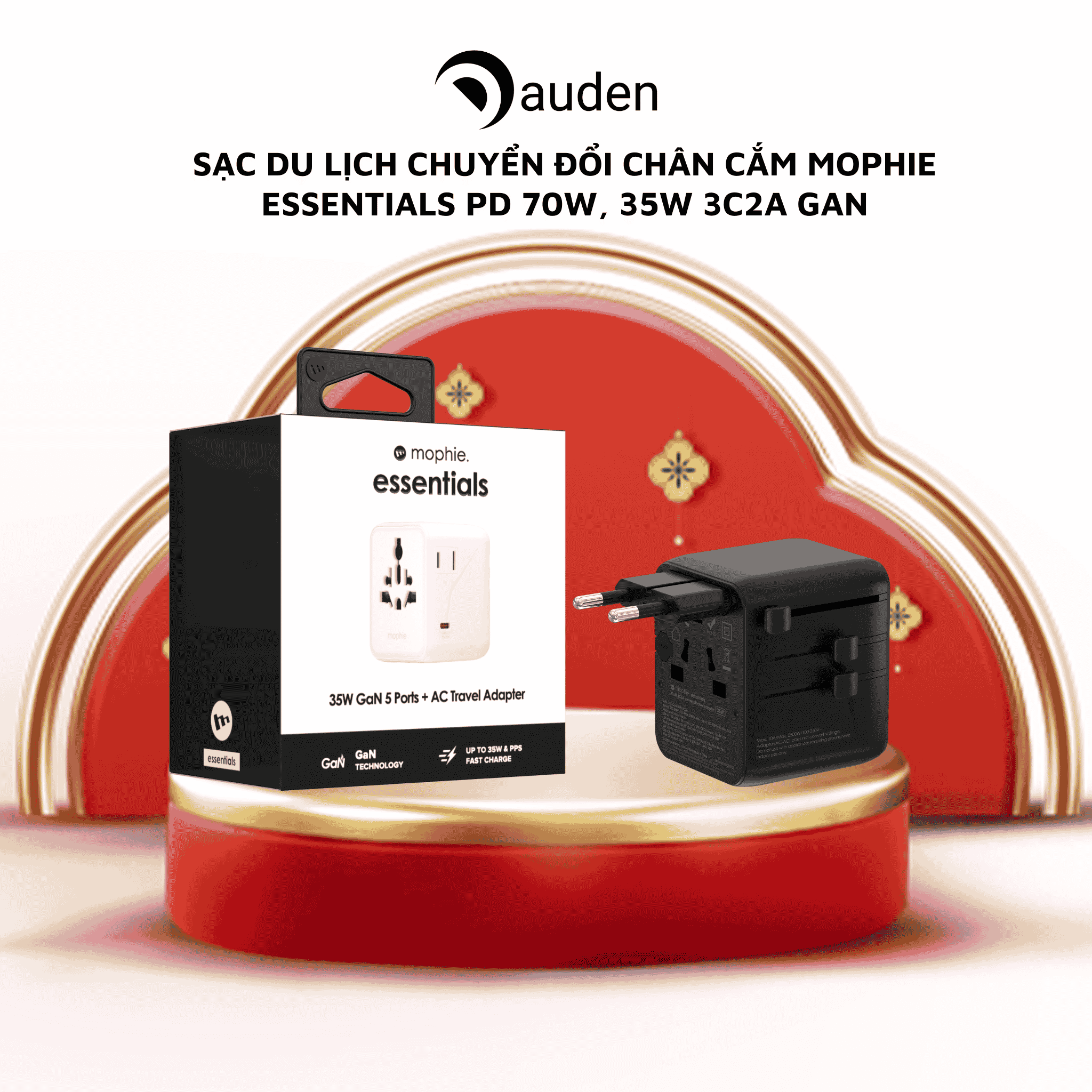 Sạc du lịch chuyển đổi chân cắm mophie Essentials PD 70W, 35W 3C2A GaN - Hàng chính hãng