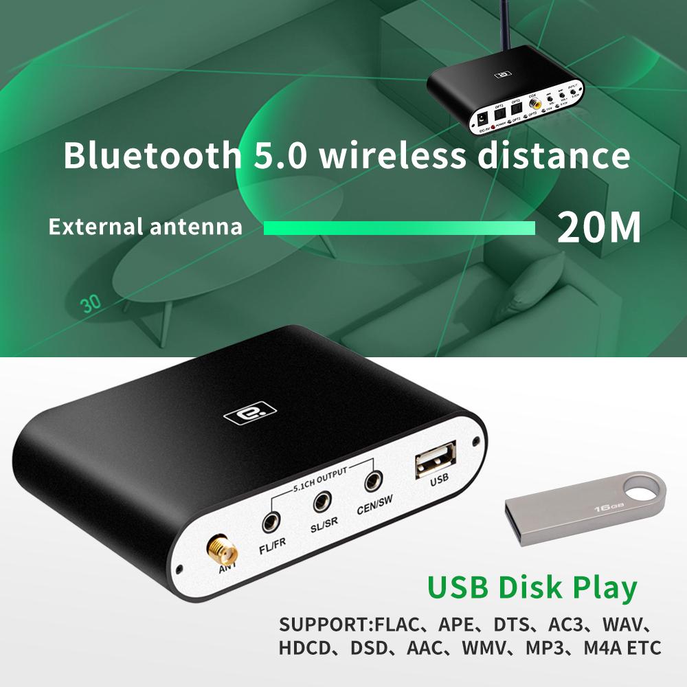 DA615 5.1CH Bộ giải mã âm thanh Bộ thu Bluetooth 5.0 DAC Bộ chuyển đổi âm thanh không dây Quang học đồng trục AUX USB Chơi đĩa DAC DTS AC3 FLAC