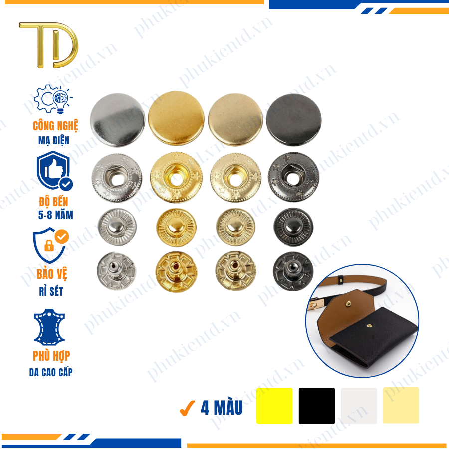 Nút bấm 4 chi tiết, nút bấm túi xách, cúc bấm túi xách 10mm, Mạ điện độ bền 5-8 năm