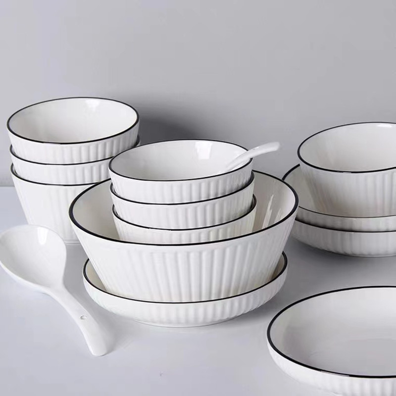 Tô/Chén bát sứ vân sọc viền đen Âu Mỹ