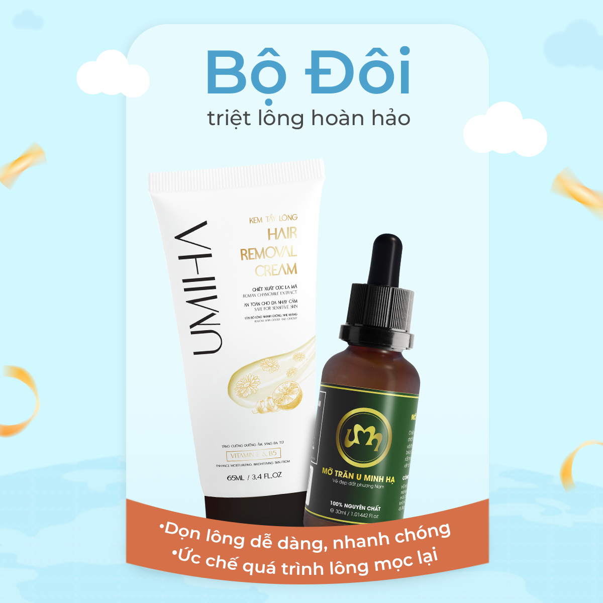 Combo tẩy triệt lông Chân Tay vĩnh viễn UMIHA tại nhà | Mỡ trăn triệt lông vĩnh viễn U Minh Hạ (30ml) & Kem tẩy lông UMIHA (65ml) an toàn cho da nhạy cảm