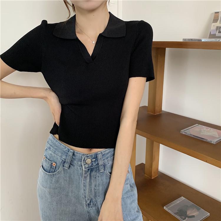 Áo croptop Polo len tăm nữ cổ bẻ V dáng ôm tay ngắn hàng dệt kim montergy Quảng Châu nhiều màu AL12