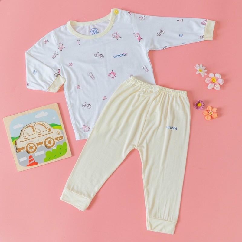 Bộ dài tay khuy giữa Minky chất vải peptit siêu mềm mịn cho bé trai/bé gái- Bộ dài tay Unchi peptit