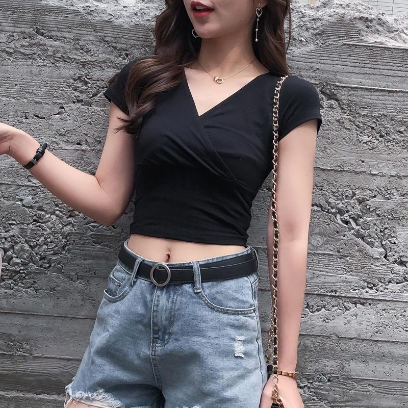 Áo bigsize croptop tay ngắn kimfashion, áo thun bigsize co giãn vạc chéo ngực 60-90kg AT03