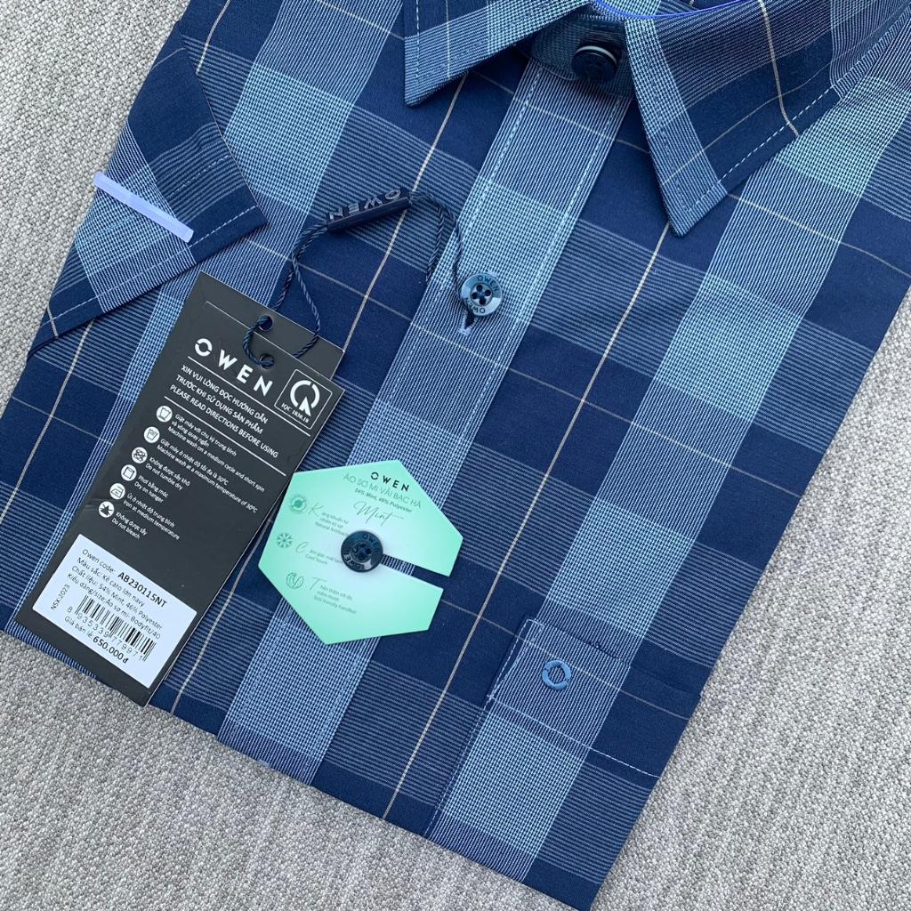 OWEN - Áo Sơ mi dài tay Owen vạt ngang chất bạc hà kẻ ca rô xanh navy 230115
