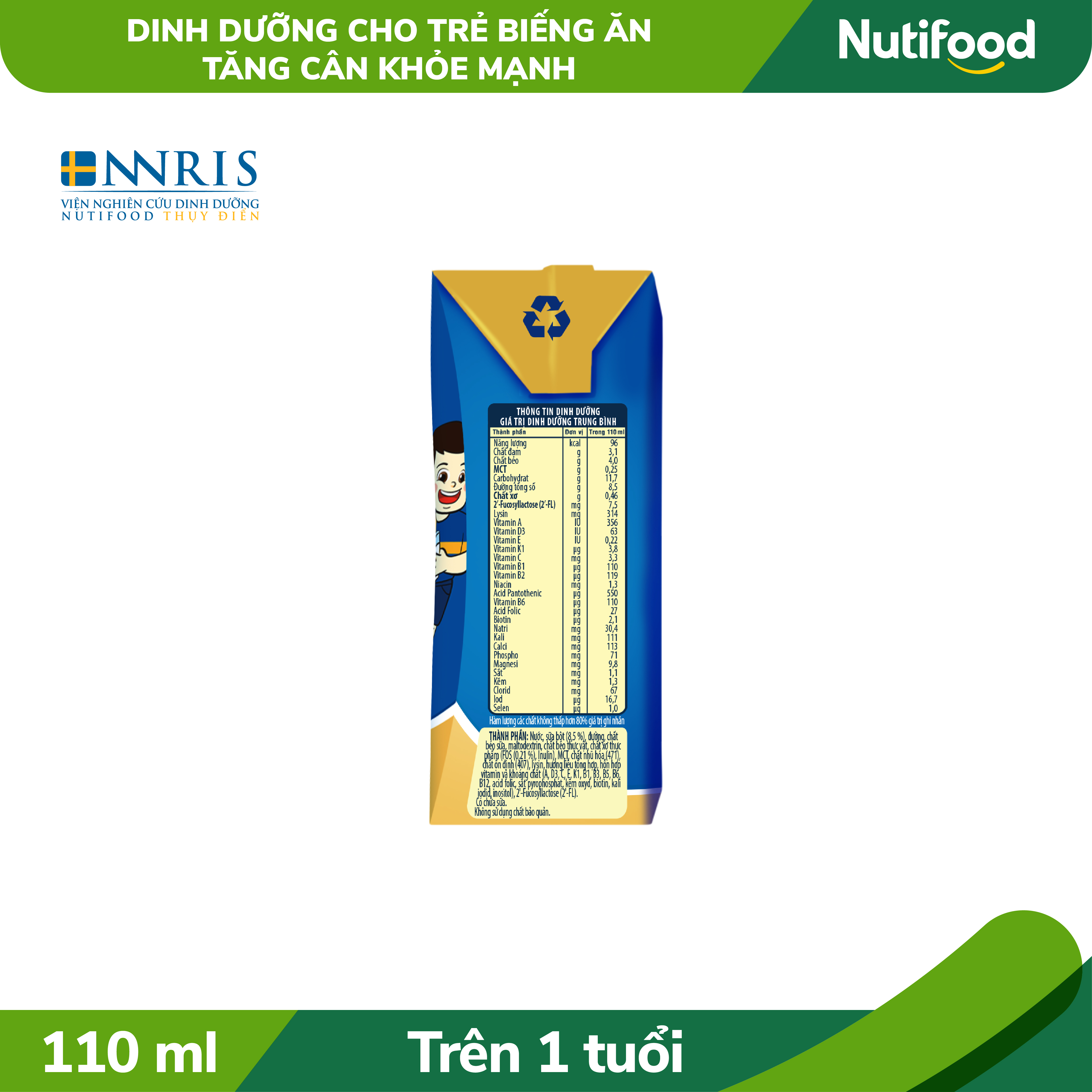 Thùng Sữa bột pha sẵn GrowPLUS+ Biếng ăn (XANH) cho trẻ tăng cân khoẻ mạnh 1+ (48 hộp x 110ml)