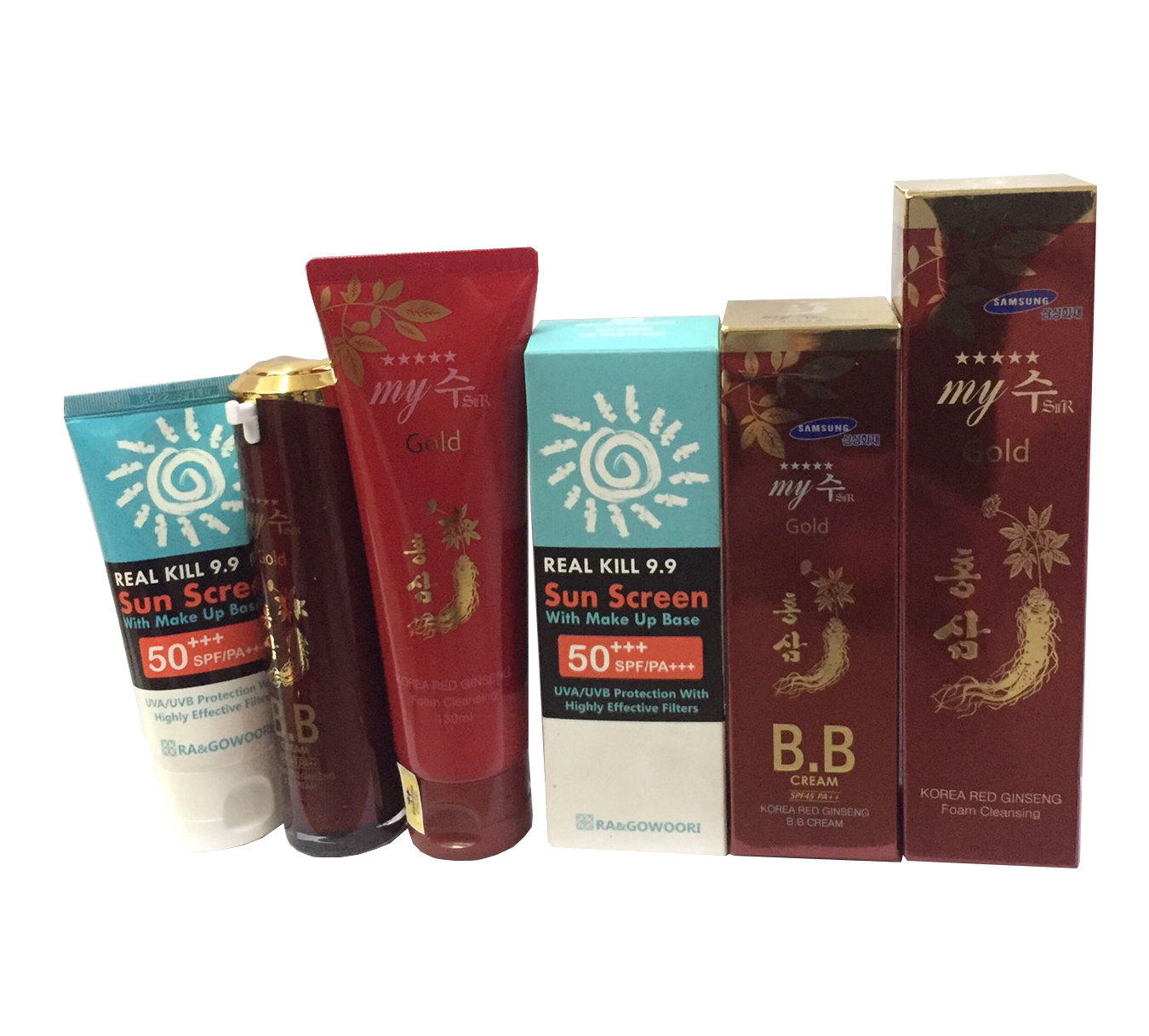 COMBO KEM CHỐNG NẮNG KIÊM KEM NỀN RA&amp;GOWOORI REAL KILL 9.9 (80ml), Kem Nền BB Sâm Đỏ My Gold-My SU S II R Red Ginseng B.B Cream (40ml), Và Sữa rửa mặt hồng sâm My Gold 130ml