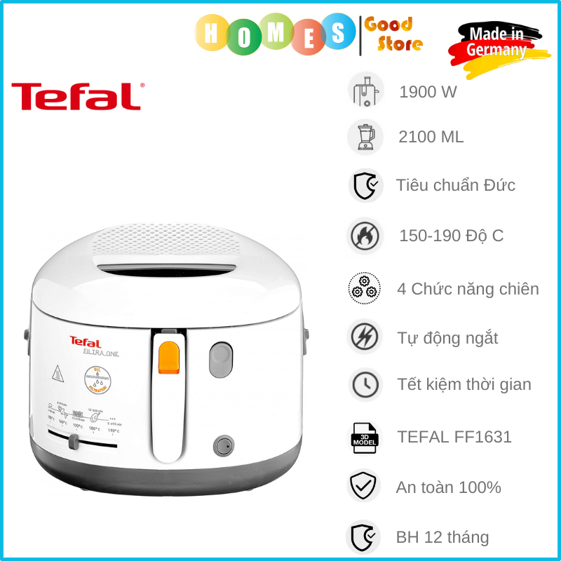 Nồi Chiên Ngập Dầu TEFAL FF1631 Tiêu Chuẩn Thị Trường Châu Âu EU, 5 Chế Độ Nhiệt, Dung Tích 2.1L, Công Suất 2300W - Hàng Nhập Khẩu Đức