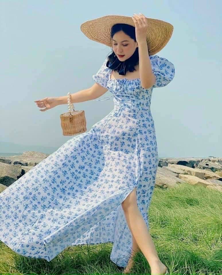 Đầm maxi hoa nhí xẻ đùi - đầm trễ vai maxi mang được 2 kiểu