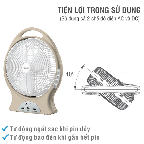 Quạt sạc tích điện chính hãng Roman tích hợp đèn LED - Sử dụng hai chế độ sạc tiện dụng - Quạt có thể  quay góc 40 độ HFR12B1