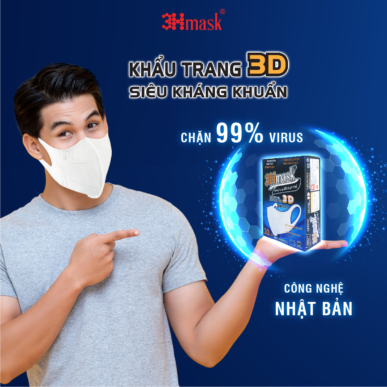 [Chính hãng 100%] Khẩu trang 3D siêu kháng khuẩn 99% đeo êm tai, công nghệ Nhật Bản 3HMask