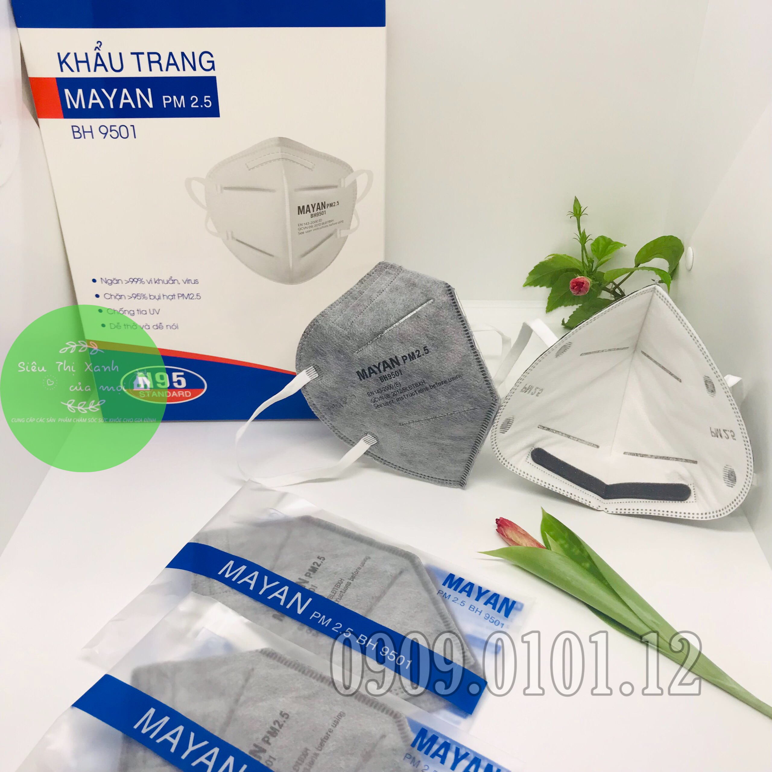 Khẩu Trang N95 Đệm Mũi Cao Cấp Mayan BH9501 pm 2.5 kháng khuẩn lọc than hoạt tính