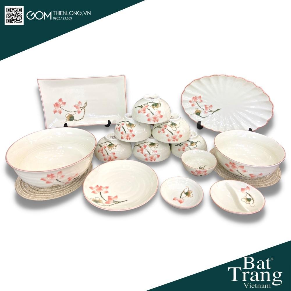 Bộ Bát Đĩa Cao Cấp Sen Hồng - Hàng Đẹp Loại 1 - Bát Đĩa Sứ Bát Tràng - Gốm Thiên Long