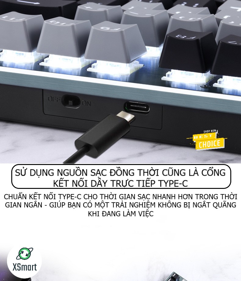 Bàn phím CƠ Bluetooth Không Dây Pin Sạc XSmart K950 LED đẹp, Trục blue switch cho pc laptop, điện thoại, máy tính bảng macbook iphone ipad hàng chính hãng