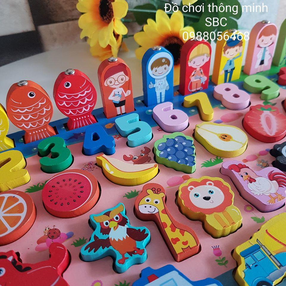 Đồ chơi gỗ 63 và 89 chi tiết đầy đủ chữ cái,chữ số, câu cá,nghề nghiệp, trái cây, con vật, giao thông,gia đình