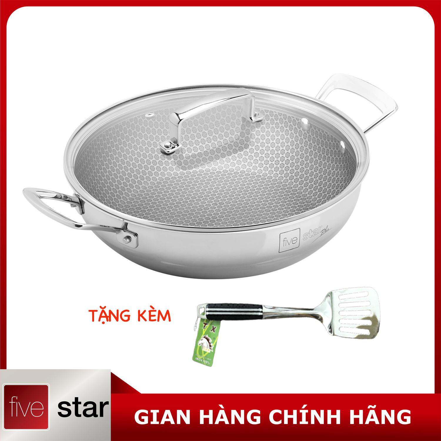 Chảo tổ ong chống dính 2 quai FiveStar 3 lớp đáy liền inox 304 , tặng 1 sạn inox