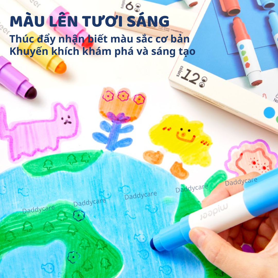 Bút màu chấm tròn mideer Round-Tip Stamper Washable Marker, bút highlight 2 đầu cho bé 2,3,4,5,6 tuổi