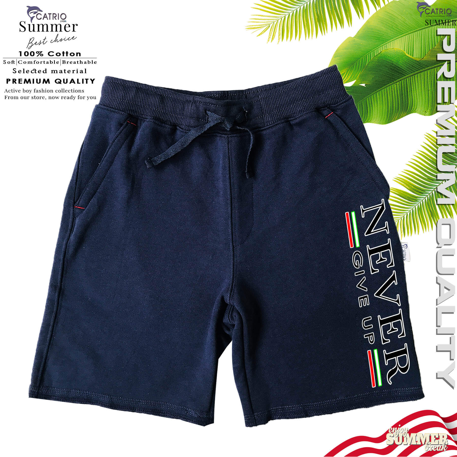 QUẦN SHORT BÉ TRAI CATRIO IN NEVER MÀU NAVY là quần ngố, quần lửng trẻ em từ 9 tuổi 32kg đến 18 tuổi 70kg, vải dệt kiểu da cá 100% cotton an toàn đạt chuẩn xuất khẩu khi kết hợp với áo phông ngắn tay thành bộ đồ bé trai mặc đi học, đi chơi du lịch đẹp