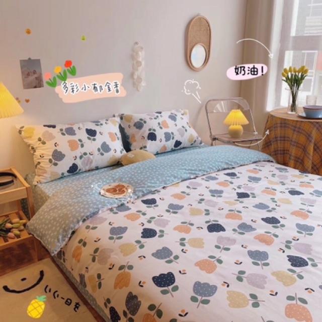 Set Cotton Living Hàng Nhập Khẩu Cao Cấp 4 Món Hoa Xanh