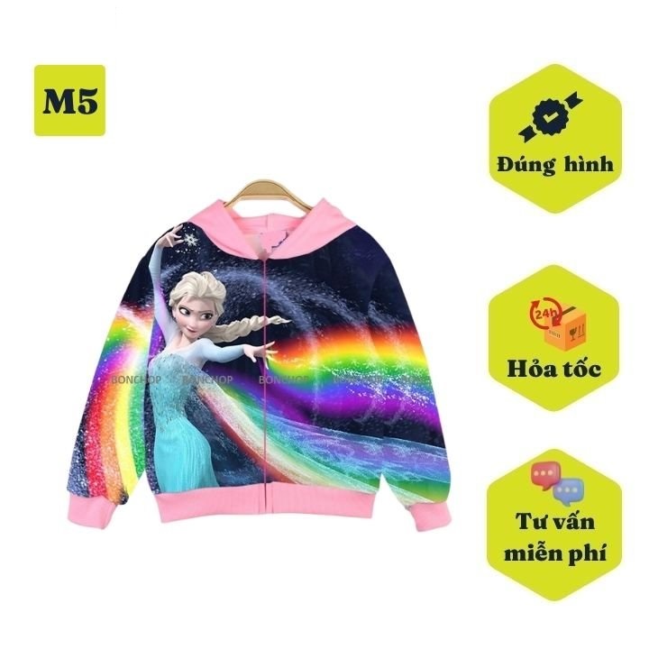 Áo khoác bé gái hình elsa  từ 10-43kg. Ao chống nắng chất liệu thun da cá dày dặn, thấm hút mồ hôi