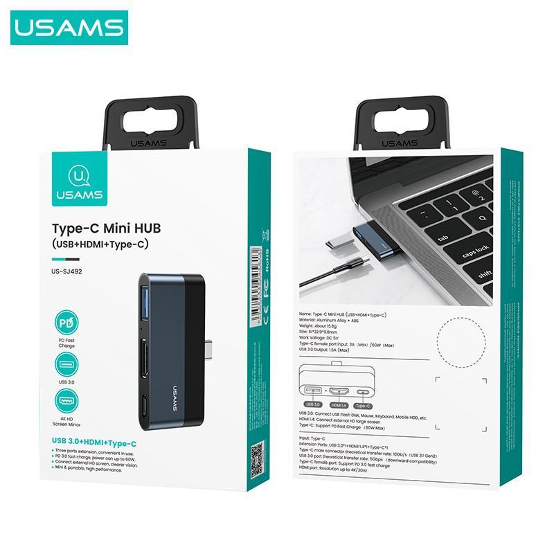 Bộ chia cổng USAMS USB PD 60W type C sang USB 3.0 2.0 HDMI 1.4 TF chuyên dụng cho máy tính/ laptop