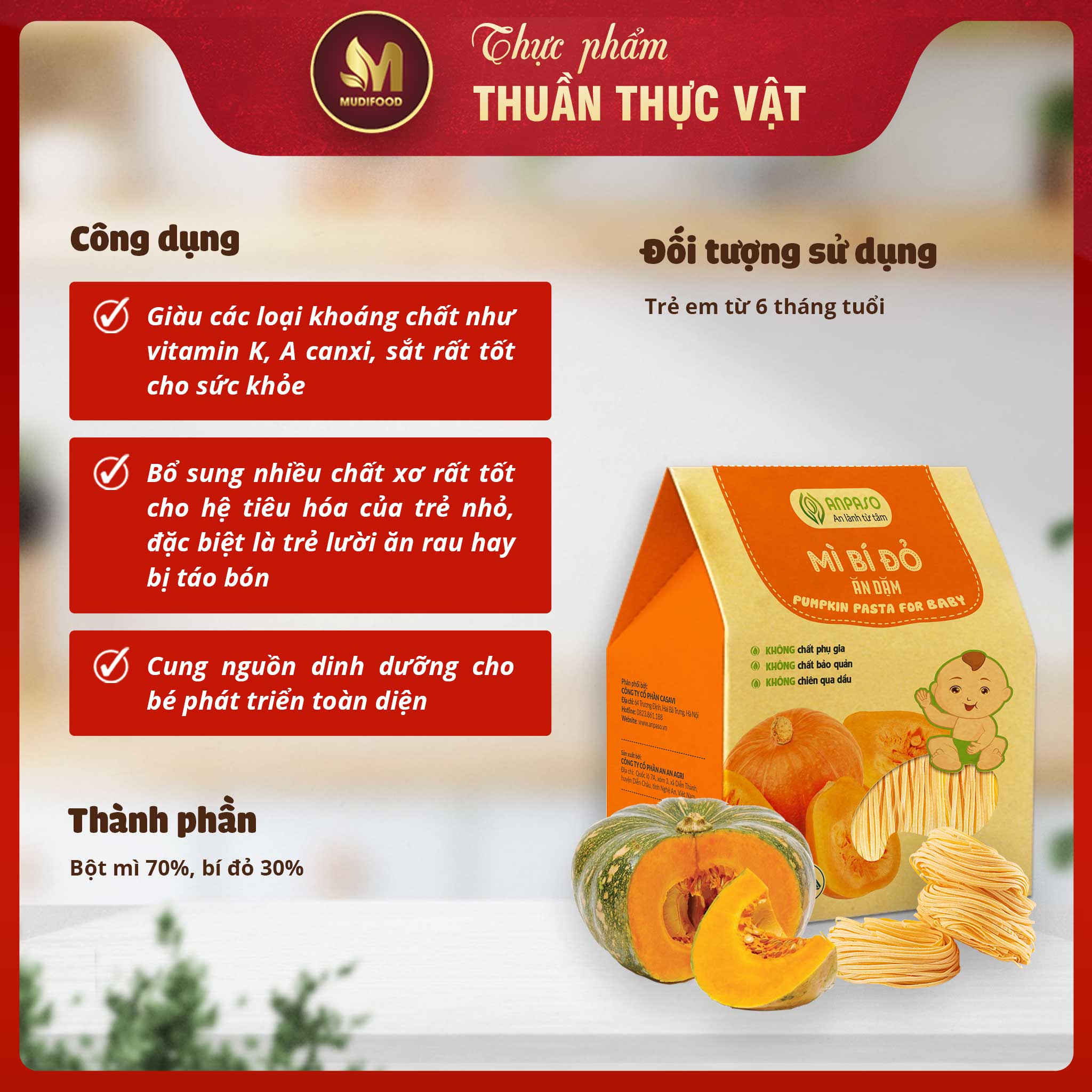 Mì Rau Củ Bí Đỏ Ăn Dặm Organic Anpaso Cho Bé Từ 6 Tháng Tuổi 120g/ 300g - Bổ Sung Chất Xơ, Giàu Sắt và Các Vitamin C, Nhóm B, A, Cải Thiện Hệ Tiêu Hóa, Tốt Cho Sức Khỏe Của Bé