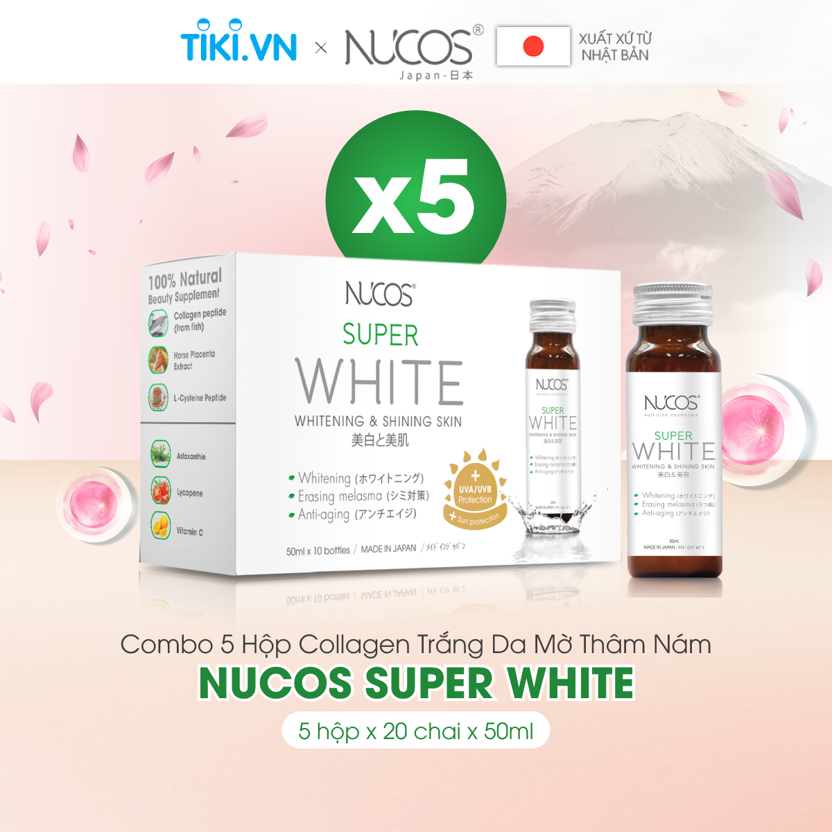 Combo 5 hộp Collagen uống hỗ trợ trắng da mờ thâm nám Nucos Super White​ 10 chai x 50ml