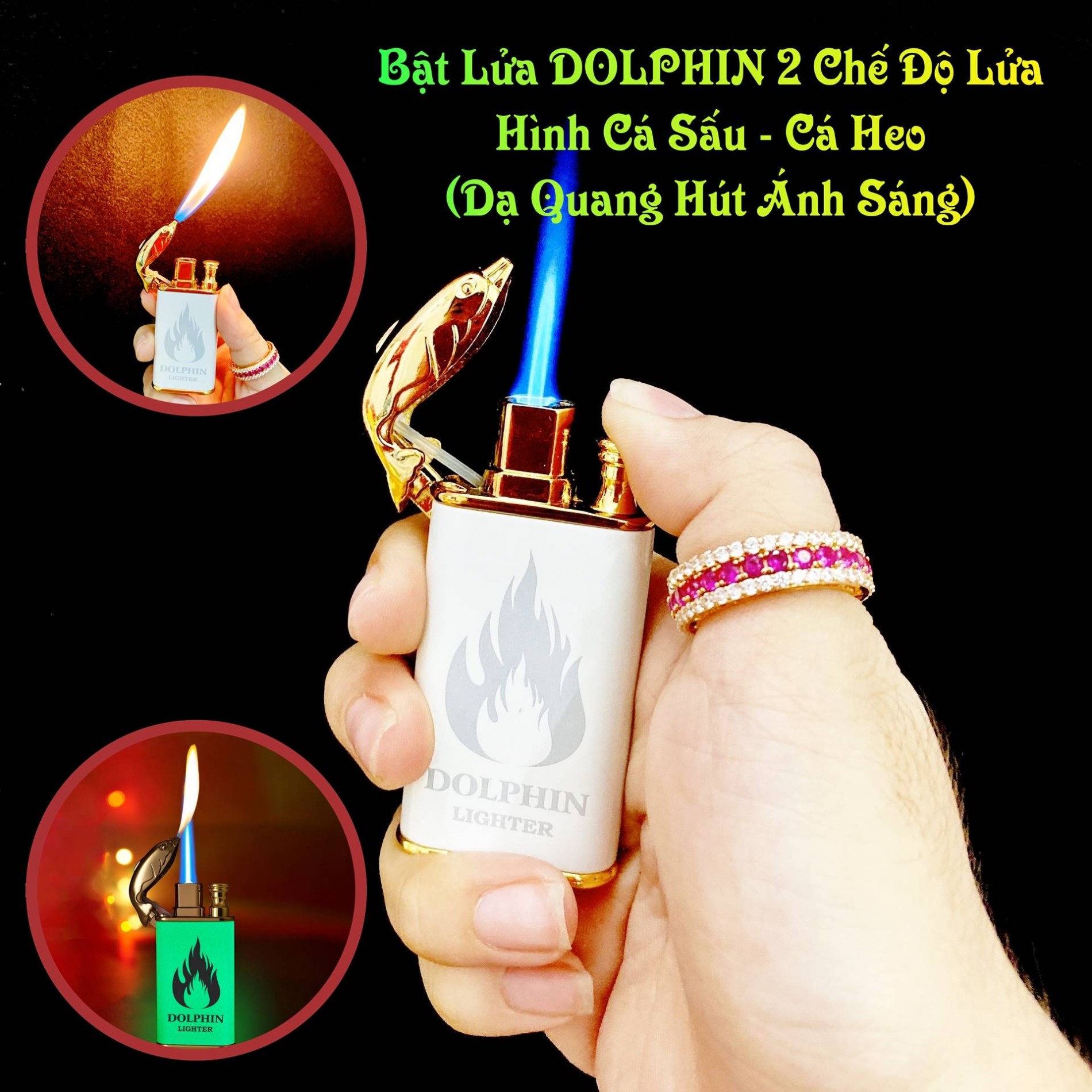 Hột quẹt bật lửa dolphin 2 chế độ lửa hình cá sấu - cá heo (dạ quang hút ánh sáng) - (xài gas)