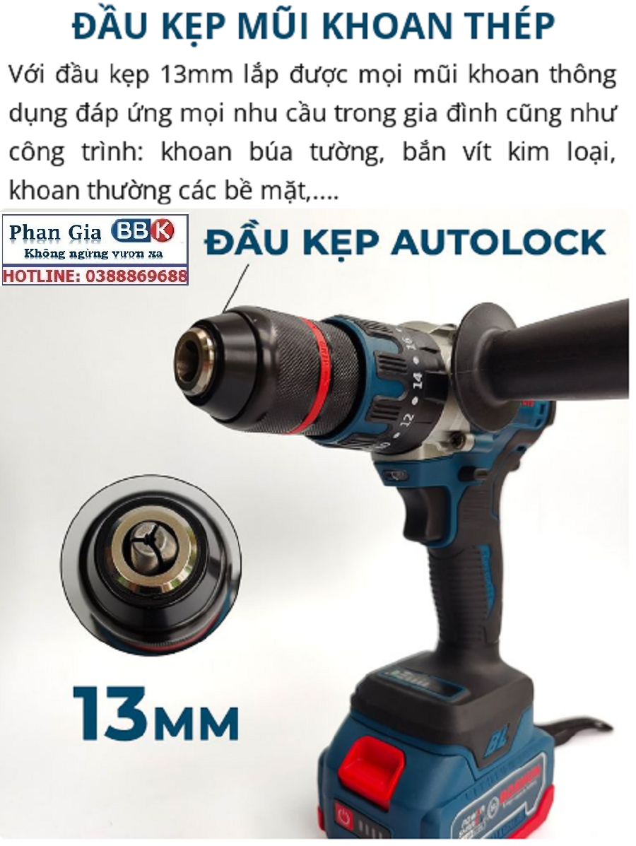 Máy Khoan Pin Boshun BS-ID1390BL Có Búa, Động Cơ Không Chổi Than 100% Lõi Đồng, Đầu AutoLock 13mm