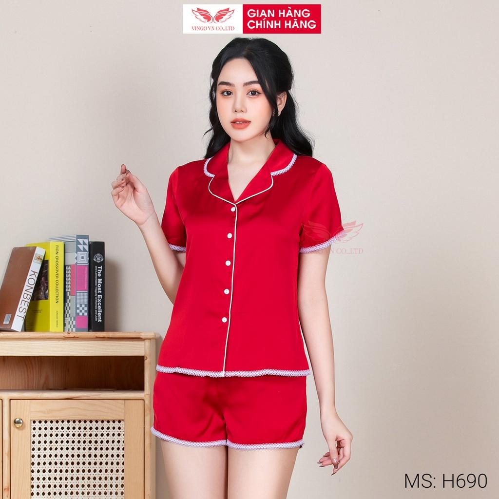 Đồ bộ nữ Pijama nữ lụa Pháp mềm mát cho mùa hè VINGO tay cộc quần cộc phối viền ren trắng tinh tế nhiều màu H690 VNGO