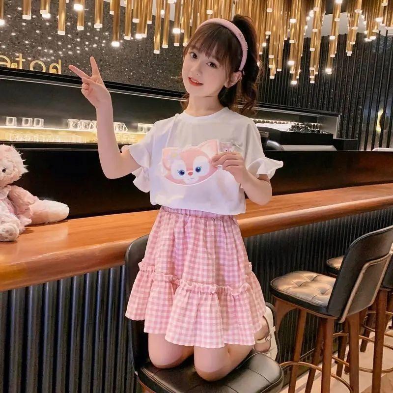 DONGSHOP Cô gái ăn mặc mùa hè phong cách phương Tây 2022 trẻ em Hàn Quốc mùa hè lưới đỏ kẻ sọc ngắn tay áo hai mảnh váy