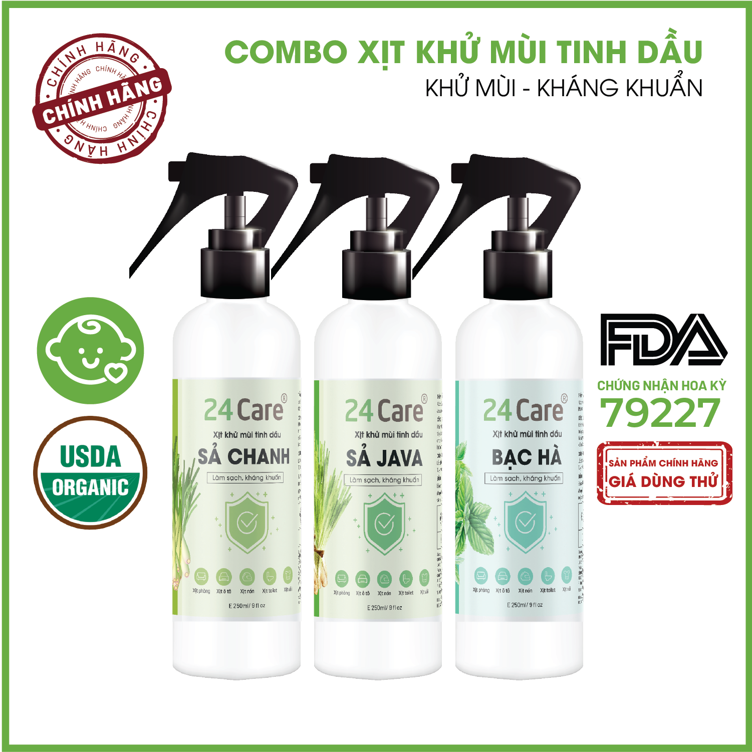 COMBO 3 chai Xịt Phòng Tinh Dầu Sả Chanh + Sả Java + Bạc Hà  Hữu Cơ Organic 24Care 250ML/Chai - Kháng khuẩn - Khử mùi hôi - Đuổi muỗi, côn trùng - Tập trung tinh thần làm việc, lái xe, học hành - Hương thơm thư giãn.