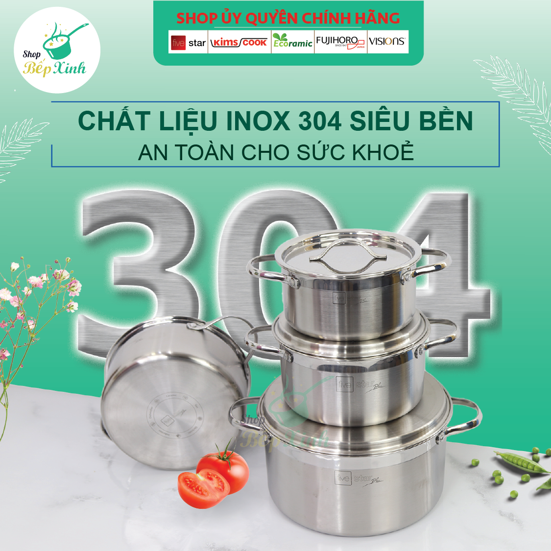 Bộ nồi 3 lớp đáy liền inox 304 bếp từ cao cấp Fivestar Plus nắp inox tặng 1 chảo chống dính vân đá Fivestar 22cm