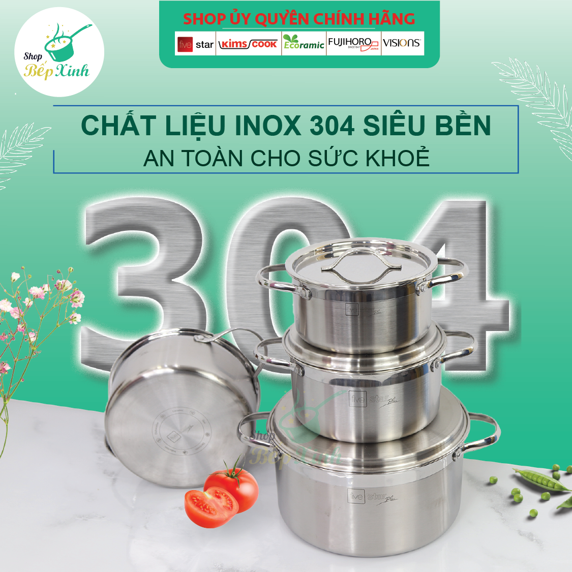 Bộ nồi 3 lớp đáy liền inox 304 bếp từ cao cấp Fivestar Plus nắp inox tặng 1 chảo chống dính vân đá  Fivestar 22cm