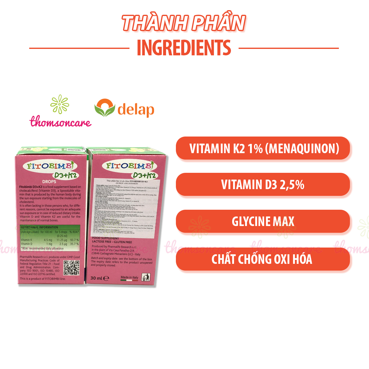 Fitobimbi D3 K2 - Giúp bé giúp hấp thụ canxi tối đa, dùng được từ sơ sinh - Nhập khẩu Ý