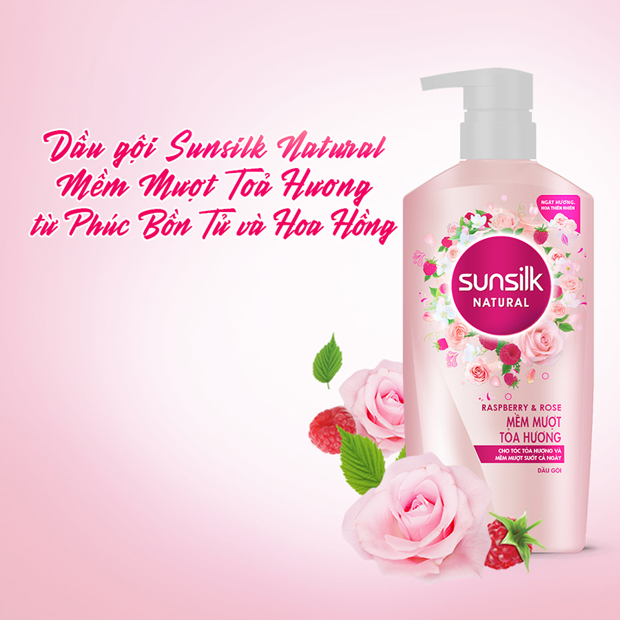 Dầu gội Sunsilk Mềm Mượt Tỏa Hương 650gr dành cho tóc khô xơ với dưỡng chất thiên nhiên phúc bồn tử &amp; hoa hồng