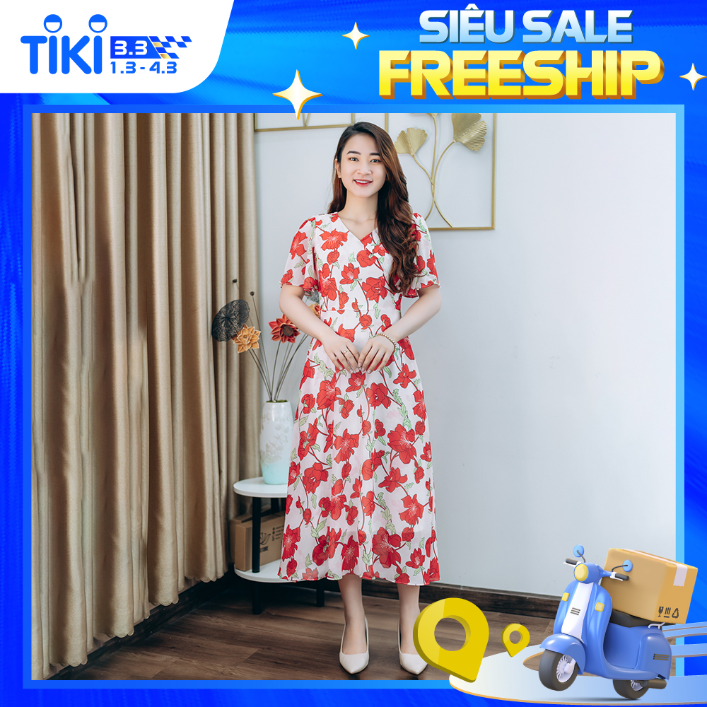 Đầm Maxi thiết kế trung niên sang trọng Cổ tròn tay loe màu Trắng hoa đỏ TTV STORE TTV1248