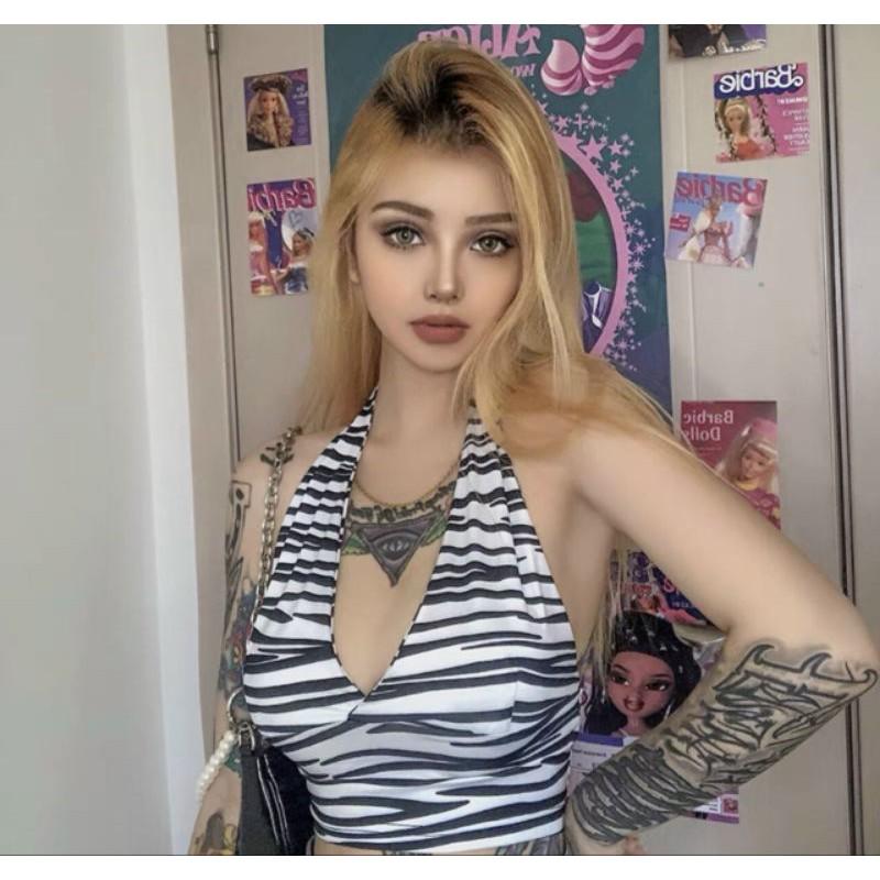 Áo croptop yếm ngựa vằn gợi cảm cổ chữ V